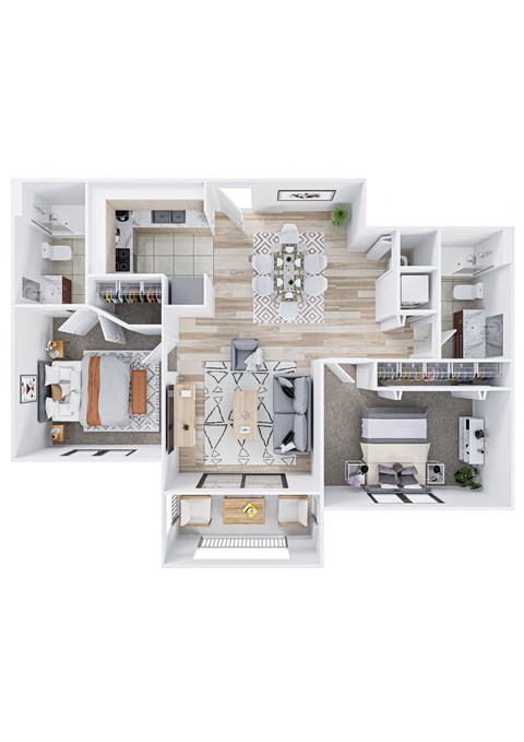Floor plan for 2 beds, 2 baths, 973 sqft